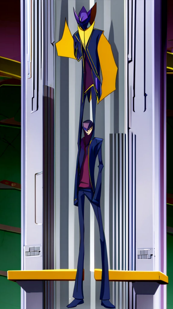 Male, teenager, vigilante, wearing dark clothes, a coat, and a mask, athletic build, hands in pockets, standing at attention, nighttime setting, lone figure, facing viewer, fully in frame, full body shot, Code Geass style, codeGeass, CODEGEASS