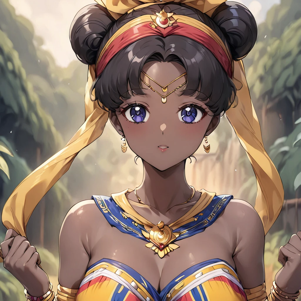 ((Highest quality)), ((masterpiece)), (detailed), (Perfect Face)、The woman is a Ghanaian born Tsukino Usagi with a vivid dark skin, black by birth, and is wearing a colorful Ghanaian dress from a Ghanaian village, a colorful turban head scarf, gorgeous jeweled accessories, and an engagement ring.、The woman is the elegant Tsukino Usagi, with black afro hair like an African, braided with natural curls, wearing a colorful Ghanaian dress and a colorful turban head scarf, with vivid dark brown skin, a natural black and a natural Ghanaian, Tsukino Usagi.、(The woman is a black Ghanaian with vivid dark brown skin.)、The woman is spending time with other village girls in her village in Ghana.