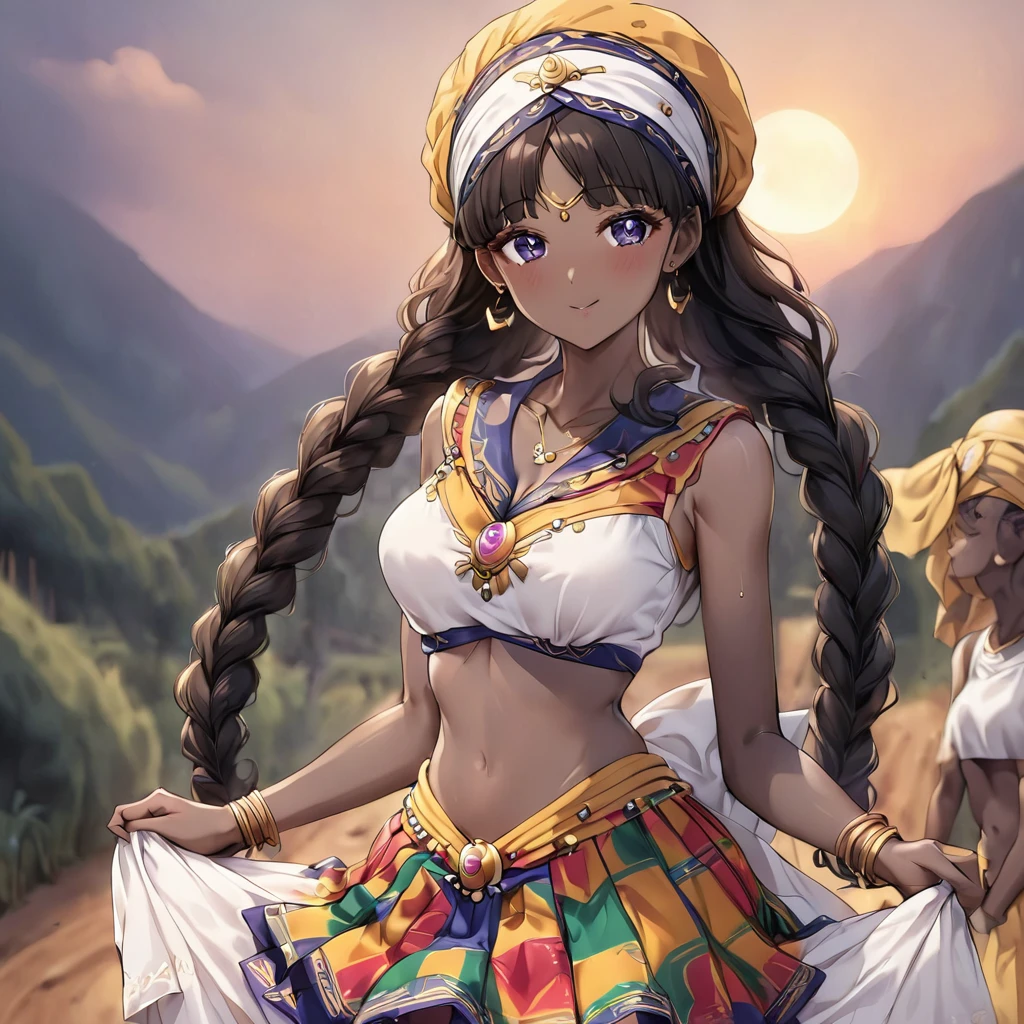 ((Highest quality)), ((masterpiece)), (detailed), (Perfect Face)、The woman is a Ghanaian born Tsukino Usagi with a vivid dark skin, black by birth, and is wearing a colorful Ghanaian dress from a Ghanaian village, a colorful turban head scarf, gorgeous jeweled accessories, and an engagement ring.、The woman is the elegant Tsukino Usagi, with black afro hair like an African, braided with natural curls, wearing a colorful Ghanaian dress and a colorful turban head scarf, with vivid dark brown skin, a natural black and a natural Ghanaian, Tsukino Usagi.、(The woman is a black Ghanaian with vivid dark brown skin.)、The woman is spending time with other village girls in her village in Ghana.