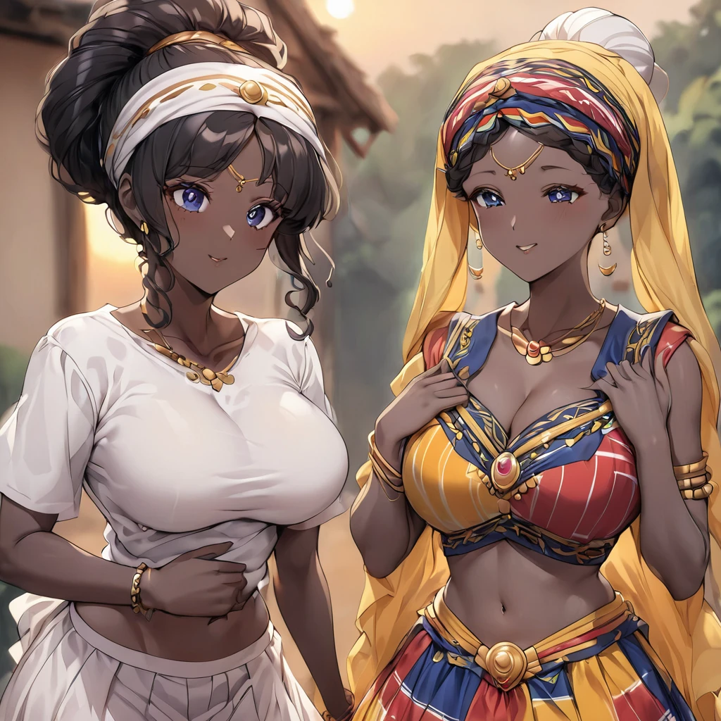 ((Highest quality)), ((masterpiece)), (detailed), (Perfect Face)、The woman is a Ghanaian born Tsukino Usagi with a vivid dark skin, black by birth, and is wearing a colorful Ghanaian dress from a Ghanaian village, a colorful turban head scarf, gorgeous jeweled accessories, and an engagement ring.、The woman is the elegant Tsukino Usagi, with black afro hair like an African, braided with natural curls, wearing a colorful Ghanaian dress and a colorful turban head scarf, with vivid dark brown skin, a natural black and a natural Ghanaian, Tsukino Usagi.、(The woman is a black Ghanaian with vivid dark brown skin.)、The woman is spending time with other village girls in her village in Ghana.
