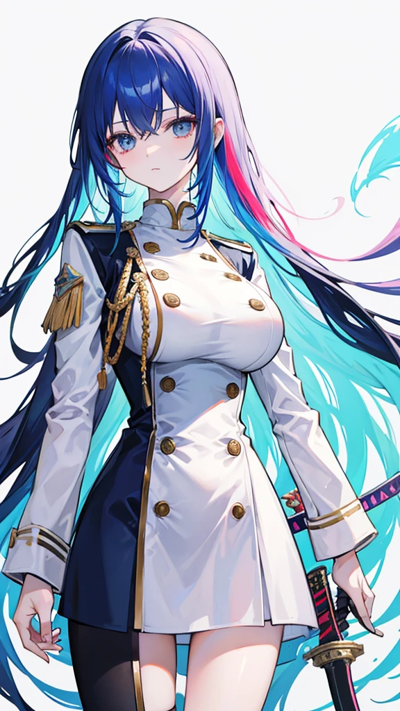 rainbow colored hair, expressionless, neat white uniform, holding a sword, very large breasts, long straight hair