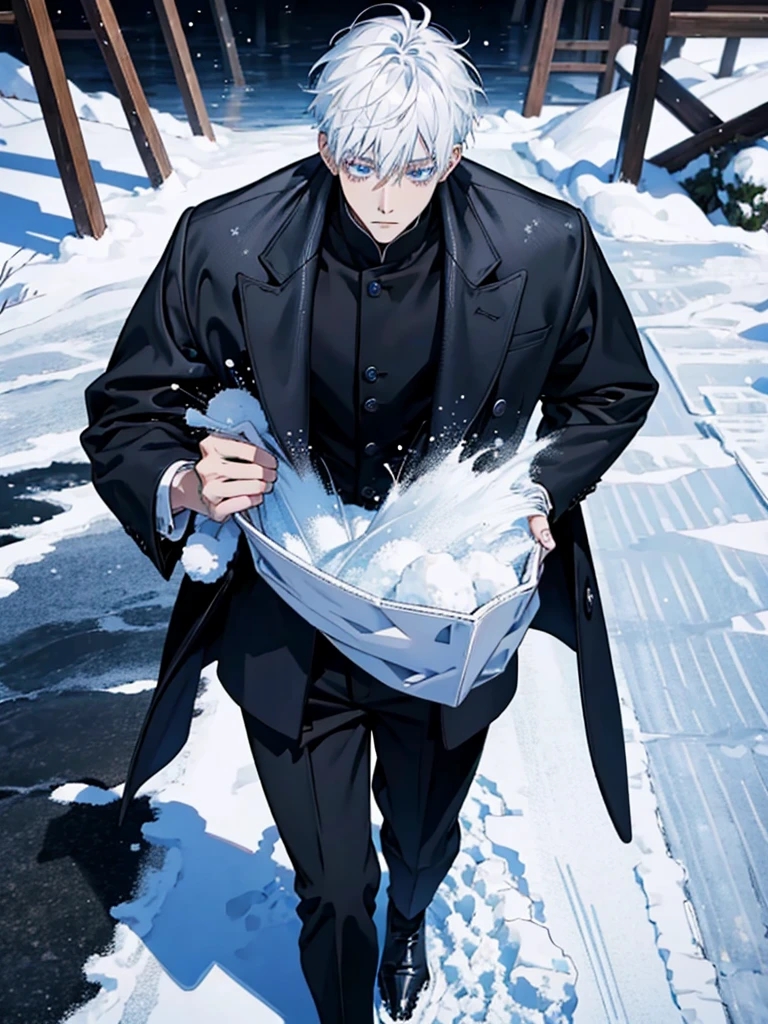 Gojo Satoru walk in winter coated black suit in snow ,white hair , blue eyes