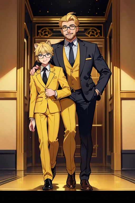 male, blonde hair, blue eyes, trimmed goatee, (((1boy))), (((golden yellow business suit))), (golden yellow pants), (black dress shirt), (brown necktie), (black dress shoes), (glasses), older man, lion ears on head, smiling, single person