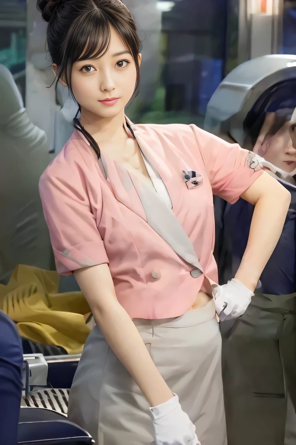 (masterpiece:1.2, Highest quality:1.2), 32k HDR, High resolution, (alone、1 Girl)、(On the roof of a building in the daytime、Professional Lighting)、Building rooftop background、(Nankai train crew uniform pinkを着たリアルスタイル)、(Nankai Railway crew uniform, pink, short sleeve, collarless, pink jacket、Nankai Railway crew uniform pink no-collar short-sleeve blouse、Nankai Railway crew uniform, pink grey, knee-length culottes)、((The bottom of the pink short-sleeved jacket cannot be tucked into the clay-colored culottes..))、Dark brown hair、(Hair tied up、Hair Bun、Hair Bun)、Dark brown hair、Long Shot、Big Breasts、Thin legs、((Great hands:2.0)),((Harmonious body proportions:1.5)),((Normal limbs:2.0)),((Normal finger:2.0)),((Delicate eyes:2.0)),((Normal eyes:2.0)))、(Nankai Railway crew uniform, pink grey, knee-length culottesを見せた美しい立ち姿)、smile