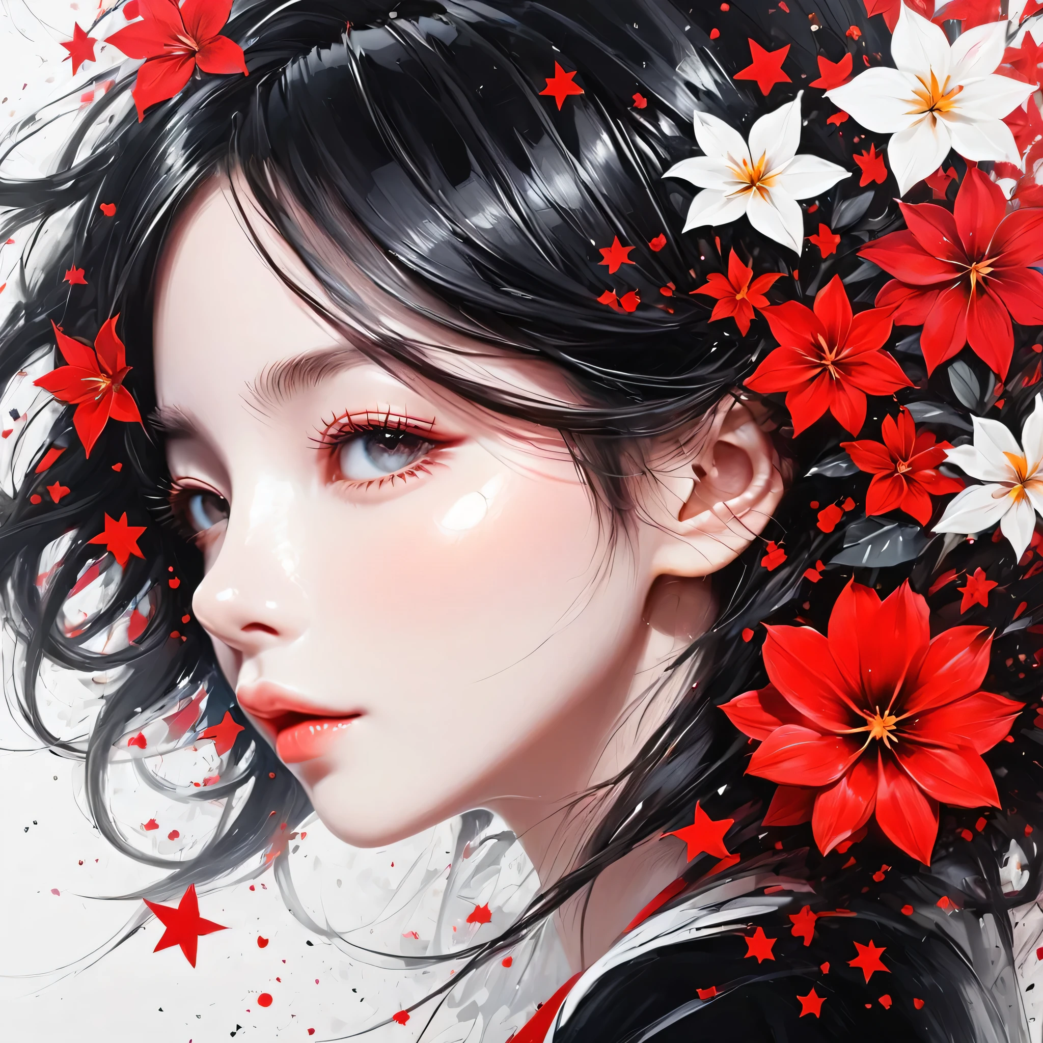 Black Star Red and White style, Simple Line Initialism,Abstract art,Urban Background, colorful flowers ,(((The most beautiful girl of all time))), Sweet face., Lips in love