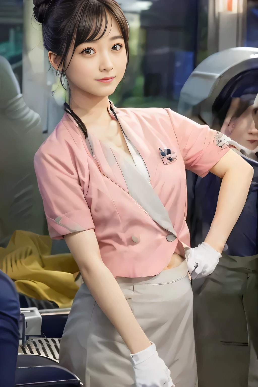 (masterpiece:1.2, Highest quality:1.2), 32k HDR, High resolution, (alone、1 Girl)、（On the roof of a building in the daytime、Professional Lighting）、Building rooftop background、（Nankai train crew uniform pinkを着たリアルスタイル）、（Nankai Railway crew uniform, pink, short sleeve, collarless, pink jacket、Nankai Railway crew uniform pink no-collar short-sleeve blouse、Nankai Railway crew uniform, pink grey, knee-length culottes）、（（The bottom of the pink short-sleeved jacket cannot be tucked into the clay-colored culottes..））、Dark brown hair、（Hair tied up、Hair Bun、Hair Bun）、Dark brown hair、Long Shot、Big Breasts、Thin legs、（（Great hands：2.0）），（（Harmonious body proportions：1.5）），（（Normal limbs：2.0）），（（Normal finger：2.0）），（（Delicate eyes：2.0）），（（Normal eyes：2.0））)、（Nankai Railway crew uniform, pink grey, knee-length culottesを見せた美しい立ち姿）、smile