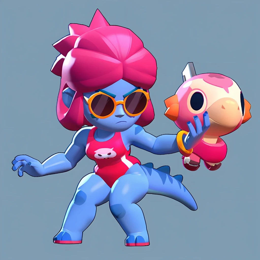 full body view of a dinosaur, dark blue skin, female, dressed in a red swimsuit and sunglasses, with a pink and white buoy, dinosaur animal, fight, brawl stars