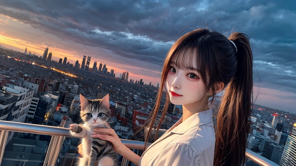 1 beautiful sweet girl,fluffy kitten on the shoulder. fish eye, selfie, wind, straight long hair, high ponytail, sunset, city scape, (Aesthetics and atmosphere:1.2),