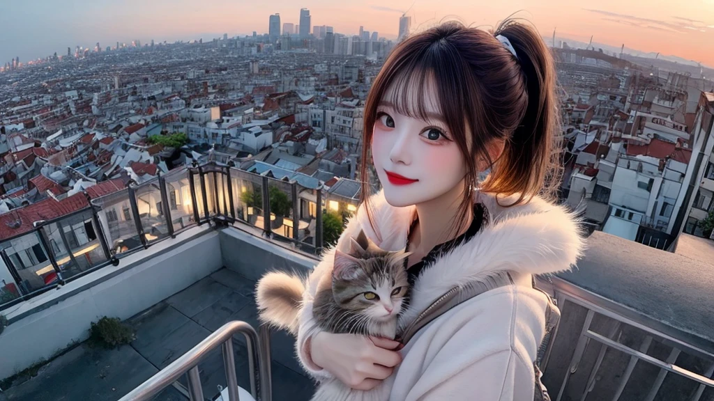 1 beautiful sweet girl,fluffy kitten on the shoulder. fish eye, selfie, wind, straight long hair, high ponytail, sunset, city scape, (Aesthetics and atmosphere:1.2),