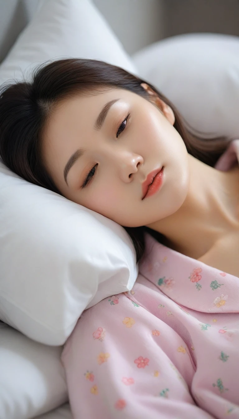 Close up of beautiful Korean woman, 34 inch chest size,Wearing pajamas, Lying in bed and closing my eyes, , short hairUH