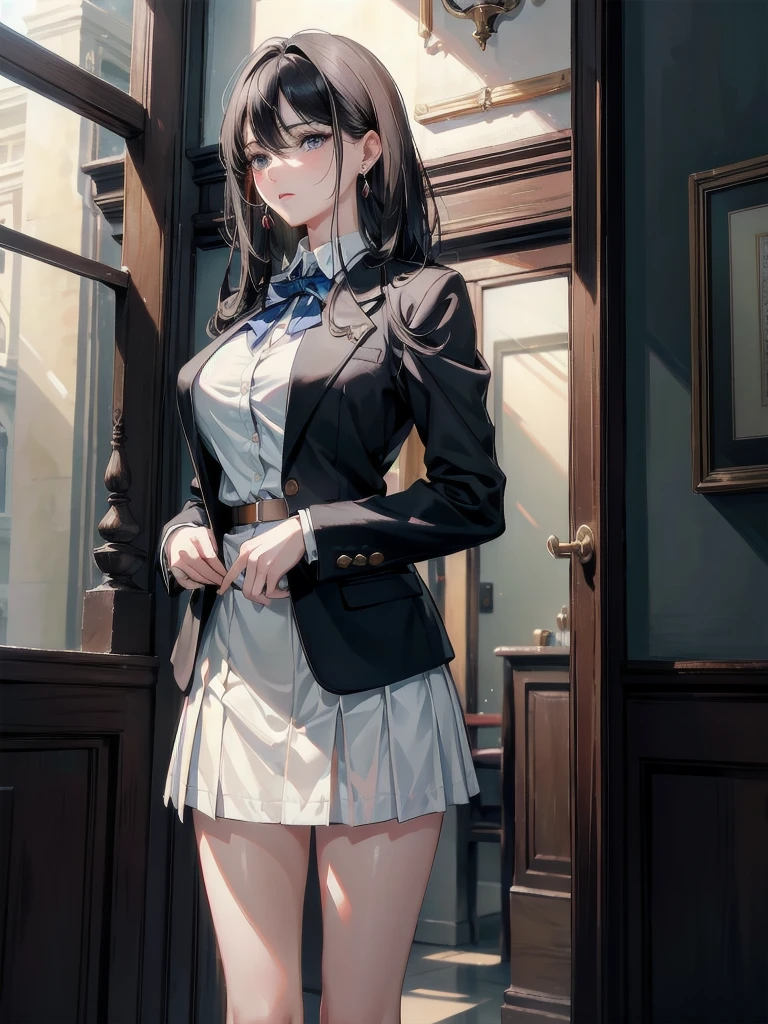 absurdres, RAW photo, extremely delicate and beautiful, masterpiece, Best Quality, ultra high resolution, 32k, hyperrealistic, ultra-detailed, in her 20s, delicate facial features, tearful mole, earring, medium breasts, full body shot, shorter middle hair, black hair, school_uniform, blazer,