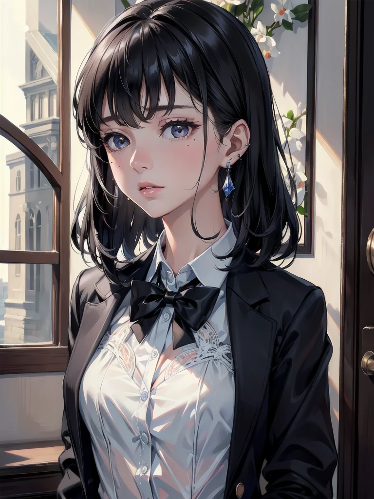 absurdres, RAW photo, extremely delicate and beautiful, masterpiece, Best Quality, ultra high resolution, 32k, hyperrealistic, ultra-detailed, in her 20s, delicate facial features, tearful mole, earring, medium breasts, full body shot, shorter middle hair, black hair, school_uniform, blazer,