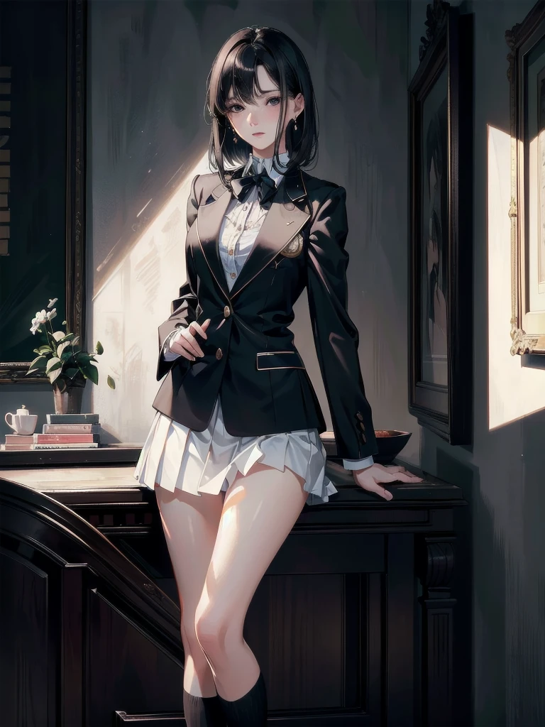 absurdres, RAW photo, extremely delicate and beautiful, masterpiece, Best Quality, ultra high resolution, 32k, hyperrealistic, ultra-detailed, perfect figure, tearful mole, earring, whole body shot, short medium hair, wavy hair, collared button-down shirt, blazer, skirt,