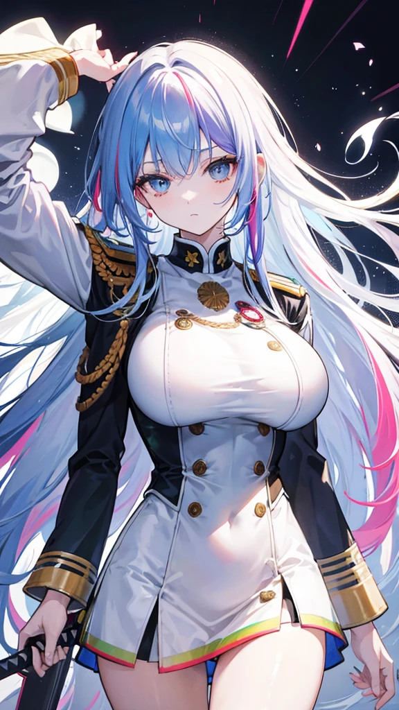 rainbow colored hair, expressionless, neat white uniform, holding a sword, very large breasts, long straight hair, blue eyes