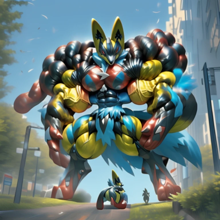 (masterpiece. official art. 8k. best quality. detailed full body. full body.)
(situation 1 : dominating mega lucario. focus GIANT mechanical Muscular mega lucario is trampling the CITY. macro. stomp. Low-angle perspective. emphasizing the immense size. The perspective is from below, emphasizing the sheer majesty and power of the Giant. giant art. He is much bigger than a skyscraper. Giga Giants. micro soccer field. looking down.)
(situation 2 :smoke and flames rising from the destruction in the city)
(Additional details 1: wearing a full-face helmet. high-tech bio-mecha armor. real texture material. whole body shines like metal. Wearing cyberpunk mecha. emphasizes the muscles. suit fully made of metal. intricate armor. Robotic suit. suit fully made of metal. cyborg. Powered exoskeleton with the same design as mega lucario).
(Additional details 2: (Detailed head. Detailed Body. Detailed abs. gigantic muscles. HYPER MUSCLES. Gigachad Muscular. big muscle. pecs. triceps. traps. unusually developed muscular body. body full of huge muscles. showing off muscles. pectorales enormes. Exaggeratedly huge muscles. huge muscles. long legs.).