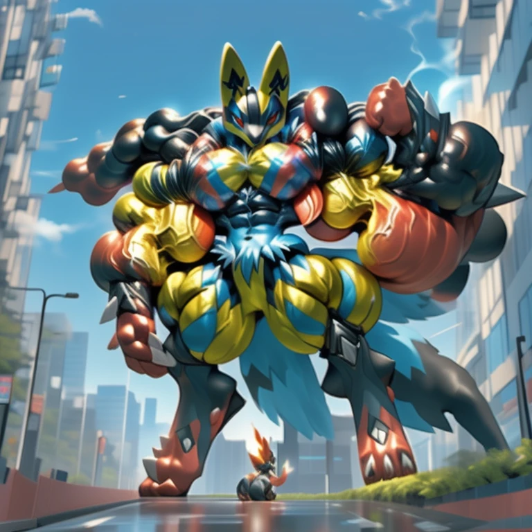 (masterpiece. official art. 8k. best quality. detailed full body. full body.)

(situation 1 : dominating mega lucario. focus GIANT mechanical Muscular mega lucario is trampling the CITY. macro. stomp. Low-angle perspective. emphasizing the immense size. The perspective is from below, emphasizing the sheer majesty and power of the Giant. giant art. He is much bigger than a skyscraper. Giga Giants. micro soccer field. looking down.)

(situation 2 :smoke and flames rising from the destruction in the city)

(Additional details 1: wearing a full-face helmet. high-tech bio-mecha armor. real texture material. whole body shines like metal. Wearing cyberpunk mecha. emphasizes the muscles. suit fully made of metal. intricate armor. Robotic suit. suit fully made of metal. cyborg. Powered exoskeleton with the same design as mega lucario).

(Additional details 2: (Detailed head. Detailed Body. Detailed abs. gigantic muscles. HYPER MUSCLES. Gigachad Muscular. big muscle. pecs. triceps. traps. unusually developed muscular body. body full of huge muscles. showing off muscles. pectorales enormes. Exaggeratedly huge muscles. huge muscles. long legs.).