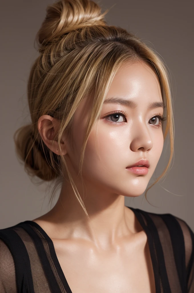 Highest quality,masterpiece,Ultra-high resolution,Realistically,RAW Photos,daughter,Blonde,Bun Hair,Glossy Skin,Dramatic lighting,South Korea,Raised to be sexy、The face is plump