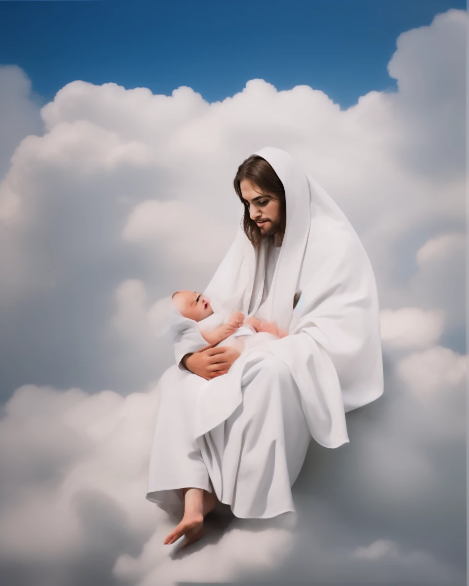 jesus christ, hold a baby, wearing white cloth, face to face with the baby, wearing long, sitting on the cloud, cloud background, beside view