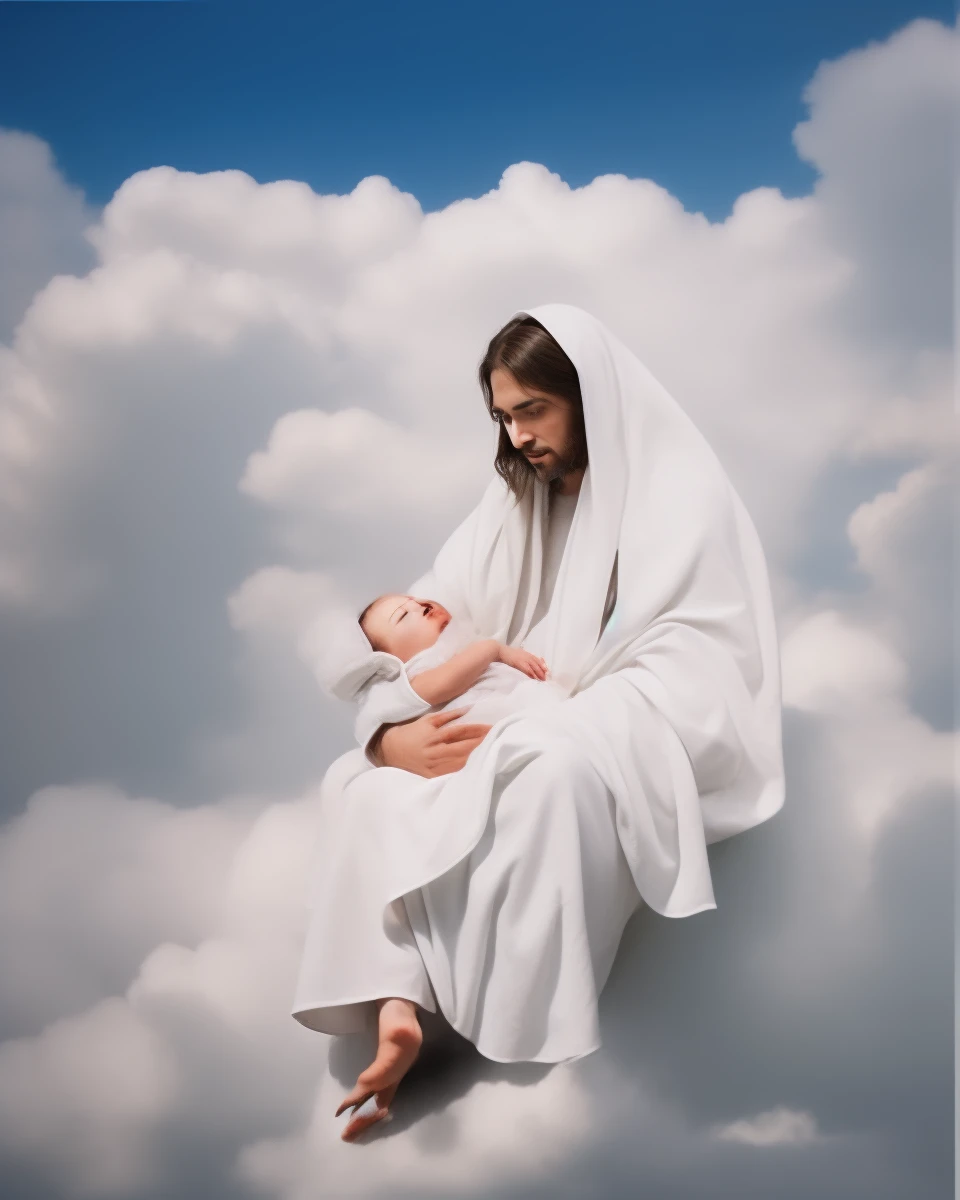 jesus christ, hold a baby, wearing white cloth, face to face with the baby, wearing long, sitting on the cloud, cloud background, beside view