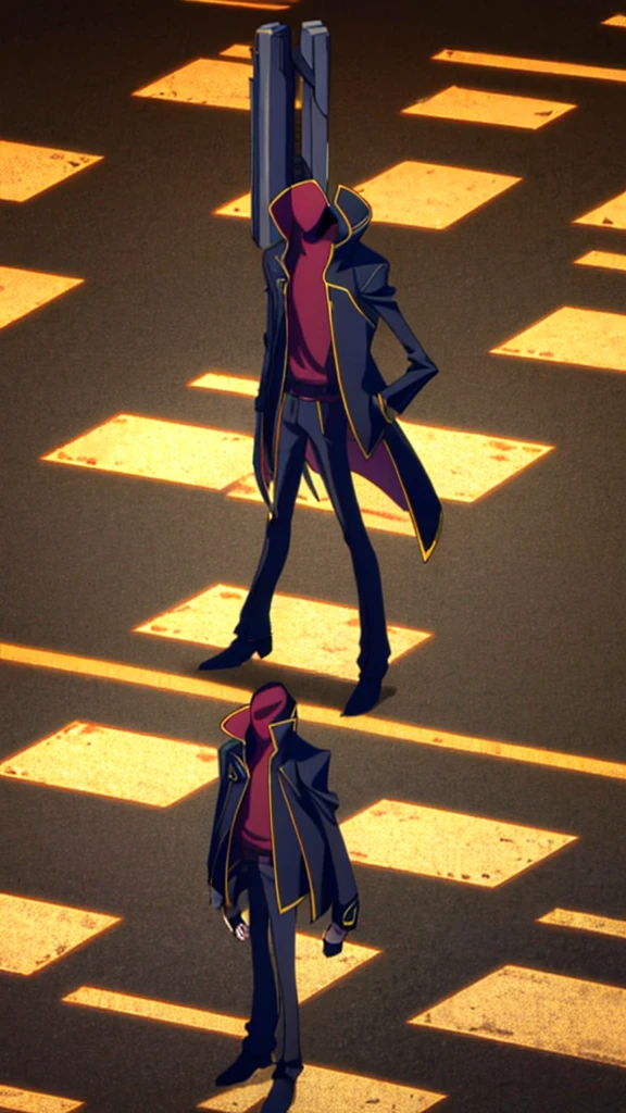 Male, ager, vigilante, wearing dark clothes, a coat, and a mask, athletic build, hands in pockets, standing at attention, nighttime setting, lone figure, facing viewer, fully in frame, full body shot, Code Geass style, codeGeass, CODEGEASS