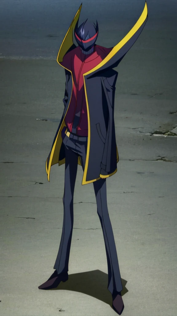Male, teenager, vigilante, wearing dark clothes, a coat, and a mask, athletic build, hands in pockets, standing at attention, nighttime setting, lone figure, facing viewer, fully in frame, full body shot, Code Geass style, codeGeass, CODEGEASS