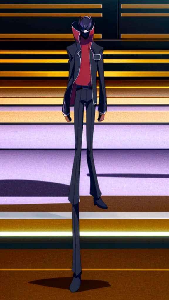 Male, ager, vigilante, wearing dark clothes, a coat, and a mask, athletic build, hands in pockets, standing at attention, nighttime setting, lone figure, facing viewer, fully in frame, full body shot, Code Geass style, codeGeass, CODEGEASS
