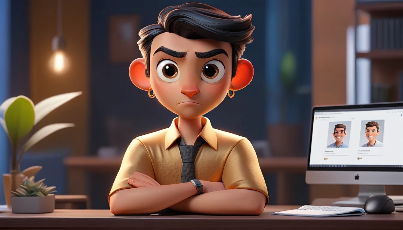 male and professional human animated avatar looking at camera, with pigtail, adult human facial features, boca, This avatar reflects innovation, the success, aspirations associated with startups, expresion facial friendly y carismatica, large eyes, expressive. gold and silver aspects, sitting at a desk with a room background, friendly, looking forward looking at the camera
