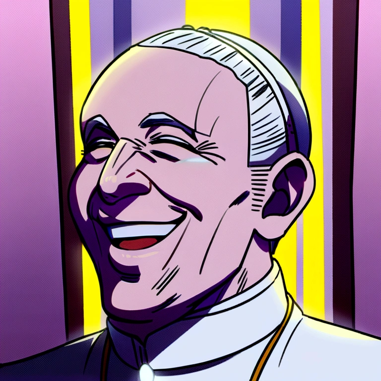 um close de um homem sorgiggling com uma camisa branca, pope, the pope, the pope wakes up is his bed, insane smile, pope surrenders, he is very happy, portrait of the holy father, ele está sorgiggling, sorgiggling levemente, giggling and joking, very huge smile, giggling, is he happy, giggling menacingly, very very happy