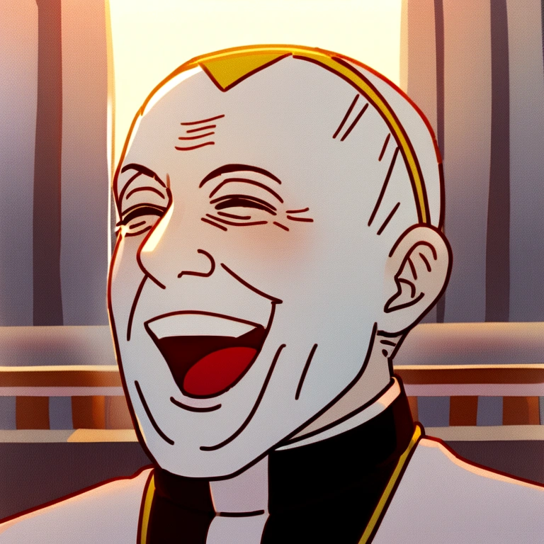 um close de um homem sorgiggling com uma camisa branca, pope, the pope, the pope wakes up is his bed, insane smile, pope surrenders, he is very happy, portrait of the holy father, ele está sorgiggling, sorgiggling levemente, giggling and joking, very huge smile, giggling, is he happy, giggling menacingly, very very happy