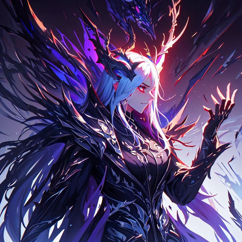 1girl, solo, person, anime character with a purple and black wings and a purple and black dragon, purple ancient antler deity, warframe hound, fit girl demon with white horns, demon soul concept art, detailed warframe, lolth, female djinn demon hybrid, warframe infested art, nightmare render, warframe hound art, king of time reaper, illithid, (close up shot, side shot:1.02), dynamic pose, expressive, anger, snarl, njmjzkz