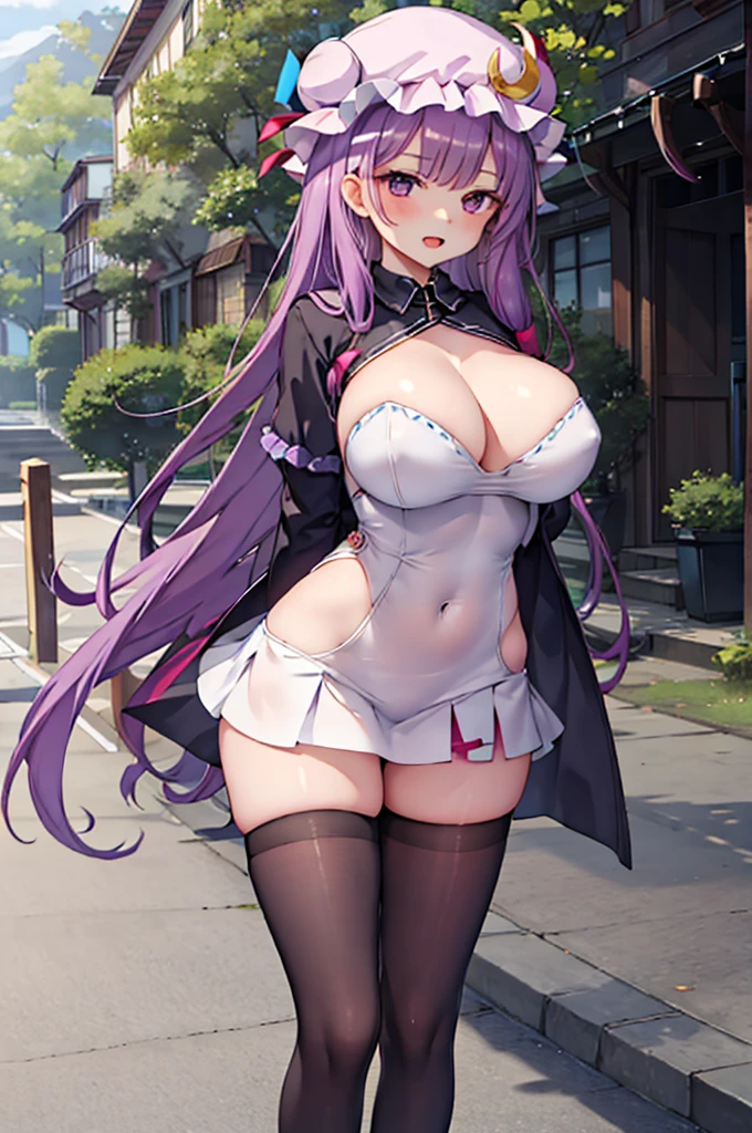 Patchouli toho character, (solo), (standing at lakeside forest), outside, open legs, arms behind back, bending back, tiptoe, pigeon toed, BREAK, (disproportionately gigantic huge breasts:1.2), inconceivably thin waist, very short torso, thin long legs apart, BREAK, very short miniskirt, (black thighhighs), highheels, BREAK, smile for viewer, open mouth, nose blush, full body