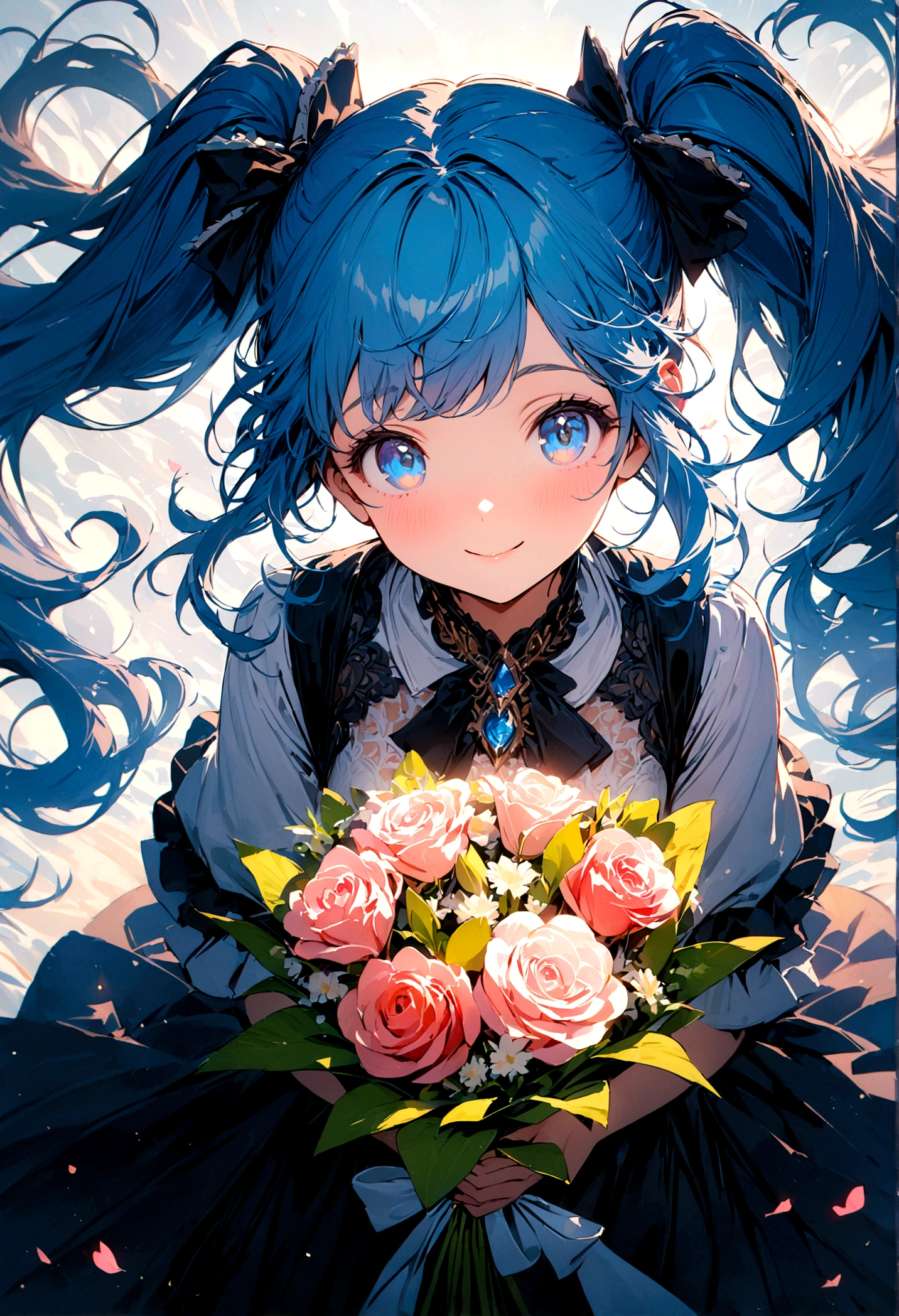 whole body, (female): 1girl, (solo), (perfect face), (detailed outfit), (), (holding a bouquet), beautiful female, smile (happy), blue hair, long hair, twintails hair, blue eyes, (open tuck,,), (white background), (masterpiece:1.4), (best quality), (highres) (sharp focus),