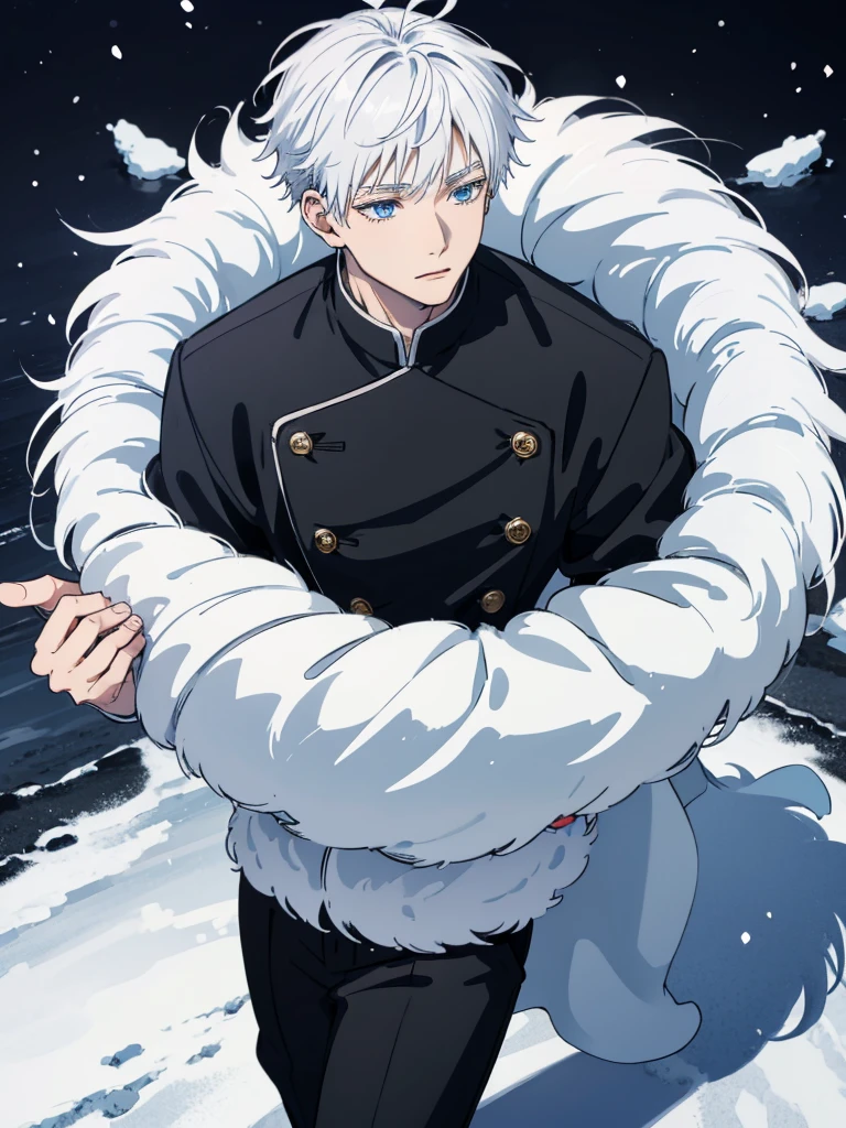 Gojo Satoru walk in winter coated black suit in snow ,white hair , blue eyes