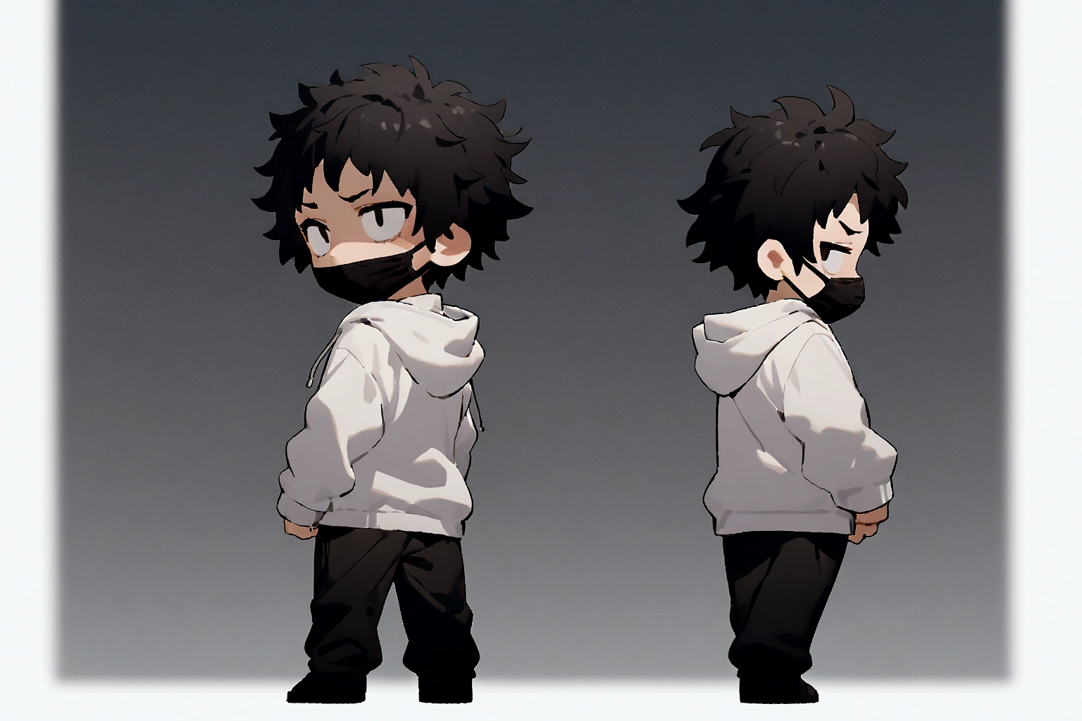 masterpiece,chibi,1man, tareme, black hair, mouth mask, full body, white background, simple background, very short hair, messy hair, hoodie, evil grin, looking back,