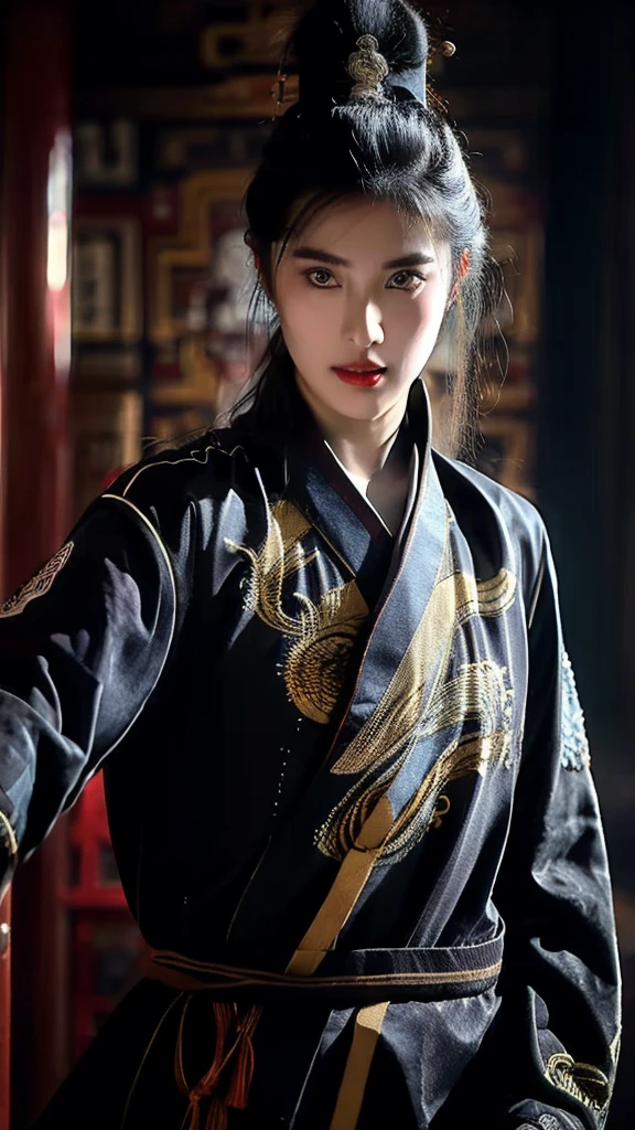 Wearing embroidered Chinese clothing,Dynamic Angle,view,Practical,Luminescence,
Xueer Embroidered Guard Uniform,1 Girl,Solitary focus,Holding a sword,have,Black Hair,Gloves,red Lips,tassel,Vague background,Vague,Lips,Upper Body,Shut up,Long sleeve,
male focus,Solitary,Handsome_male,
