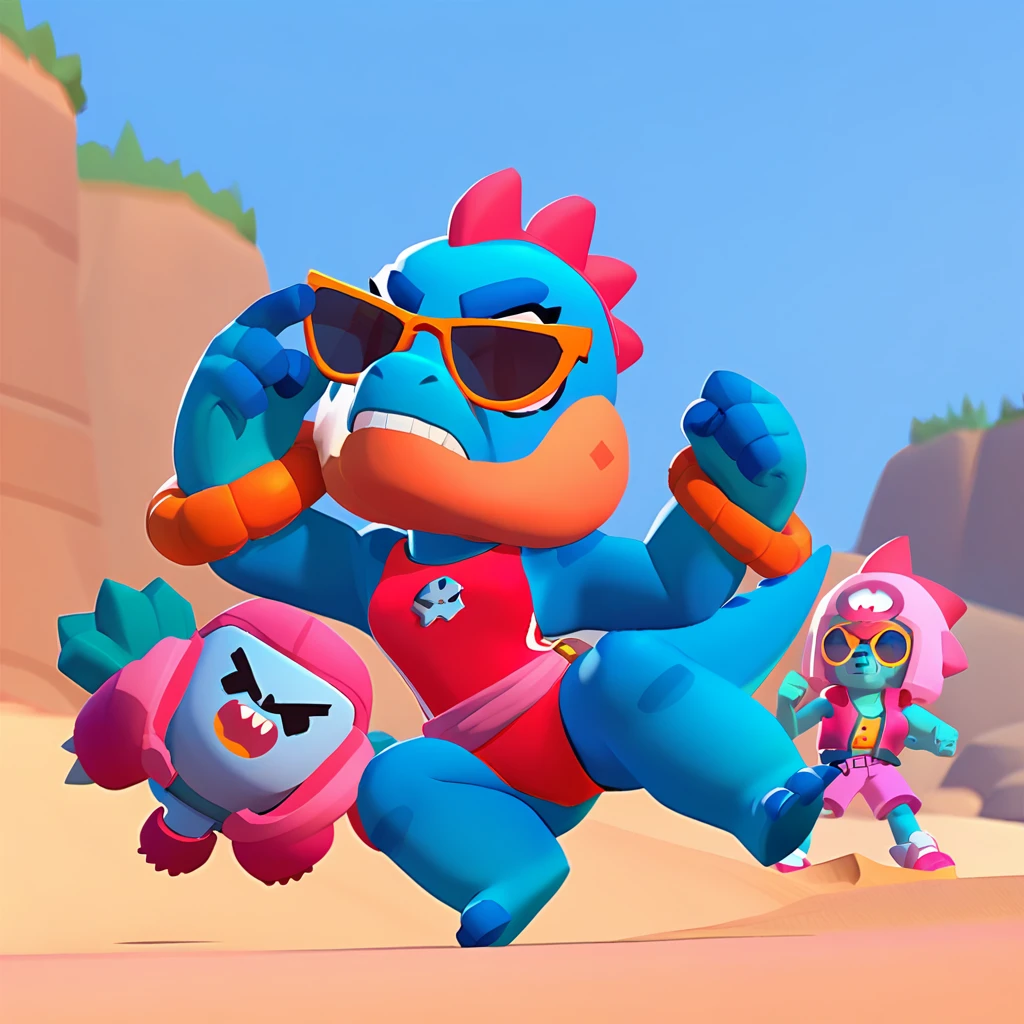 full body view of a dinosaur(T-REX), dark blue skin, female, dressed in a red swimsuit and sunglasses, with a pink and white buoy, dinosaur animal, fight, brawl stars