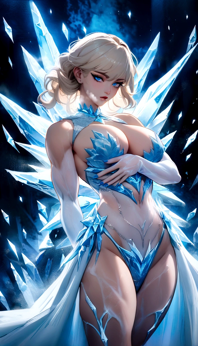 closeup photograph, (best qualityer,highres,master part:1.2),ultra detali,realisitic:1.37,sexy girl with superpowers, stunning blue eyes, long icy blonde hair, fierce expression, icy breath, Ice patterns on the skin, hypermuscle, Breasts huge, sparkling frost aura, Cool blue lighting, dark and mysterious background, intense stare, captivating beauty, icy blue nails, frozen environment, powerful and confident posture, Super hero, frozen fragments floating in the air, dynamic movement, Icy makeup, cold and cold atmosphere, Seductive charm, dangerous and seductive, Icy powers, icy touch, The embodiment of winter, Cold hug, enchanting presence.street at night, fotorrealisitic, cinematic lighting