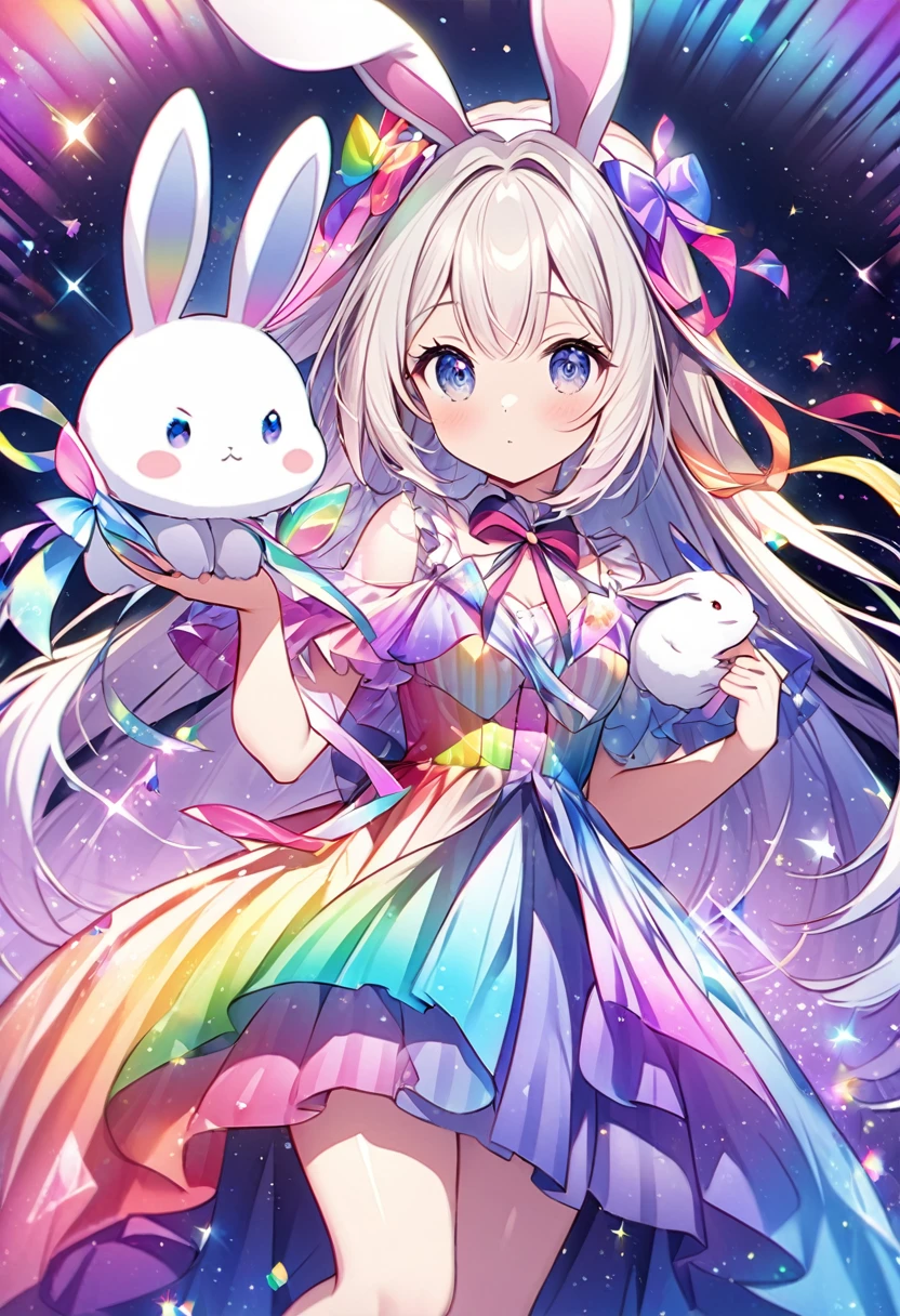 "Create an illustration of a mysterious character holding a white rabbit, She has light-colored hair with ribbons that resemble bunny ears.. Characters are shiny, A rainbow-colored blouse that reflects different colors. The background must be a celestial object, The starry sky transforms into a vibrant rainbow spectrum, Creates a mysterious and magical atmosphere."
