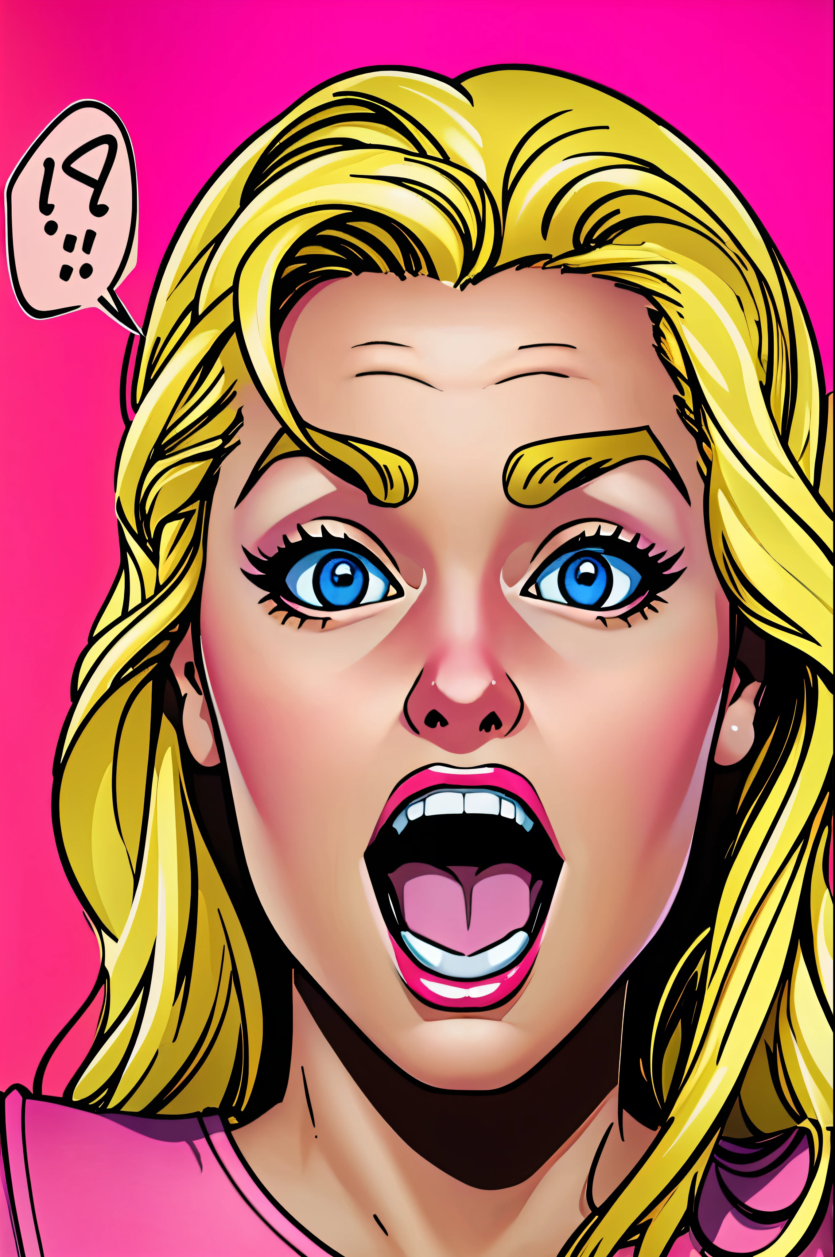 masterpiece, best quality, extremely detailed, pop art, hyperrealistic, photorealistic, a pretty woman, blond hair, happy, surprised:1.1, open mouth, pink tops, speech bubble