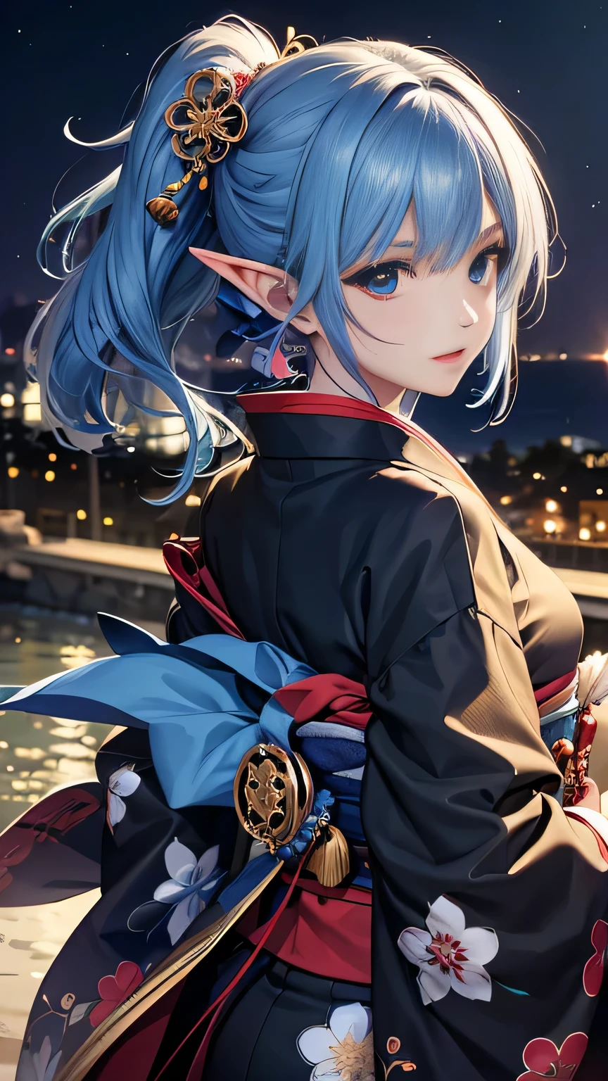 ((best quality)), ((masterpiece)), (detailed face and eyes), detailed hands and fingers, perfect face, accurate, textured skin, high details, blue hair, elf, multicolored eyes, pointy ears, kimono, wearing japanese traditional cloth, kanzashi, Night view, fireworks in the background, from back