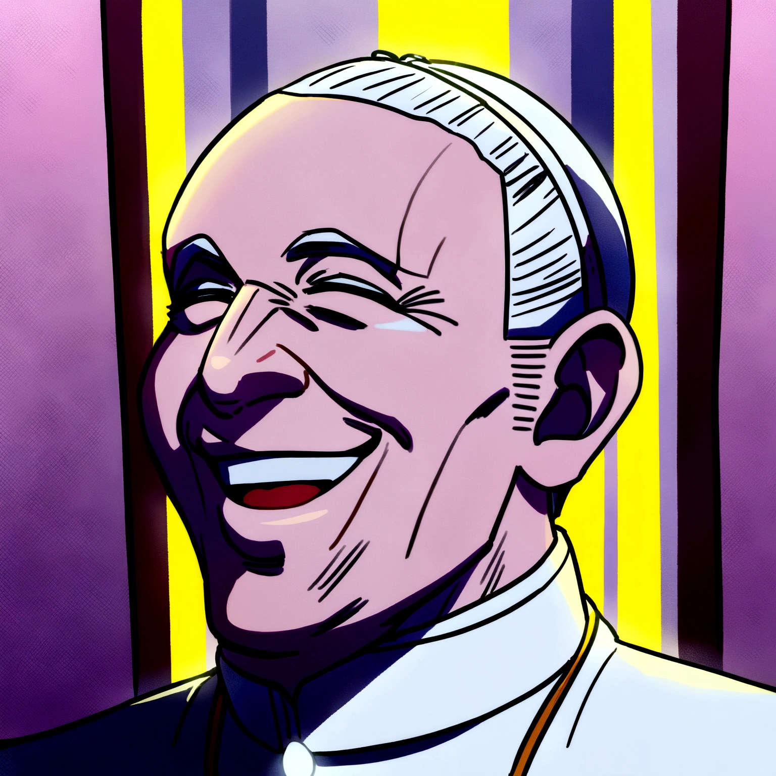 um close de um homem sorgiggling com uma camisa branca, pope, the pope, the pope wakes up is his bed, insane smile, pope surrenders, he is very happy, portrait of the holy father, ele está sorgiggling, sorgiggling levemente, giggling and joking, very huge smile, giggling, is he happy, giggling menacingly, very very happy