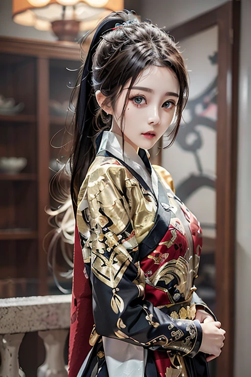 Fei Yu_robes, depth of field, The lines are thin and smooth., (manuscript： 1.2),（realistic： 1.3, 4K resolution, Highly detailed, realistic, red cloth, exquisite face, blonde hair, red eyes, long hair, braid, beautiful girl, Full show, Gold Embroidery， black embroidered gold，big breasts, high ponytail， depth of field, high resolution, 1 woman, beautiful eyes, robesจีน, Fei Yu