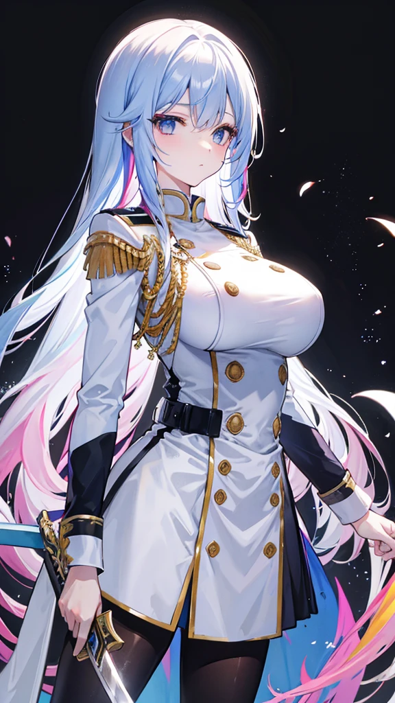 rainbow colored hair, expressionless, neat white uniform, holding a sword, very large breasts, long straight hair