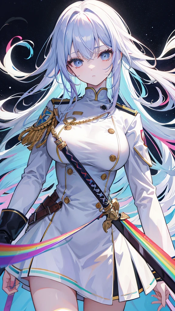 rainbow colored hair, expressionless, neat white uniform, holding a sword, very large breasts, long straight hair