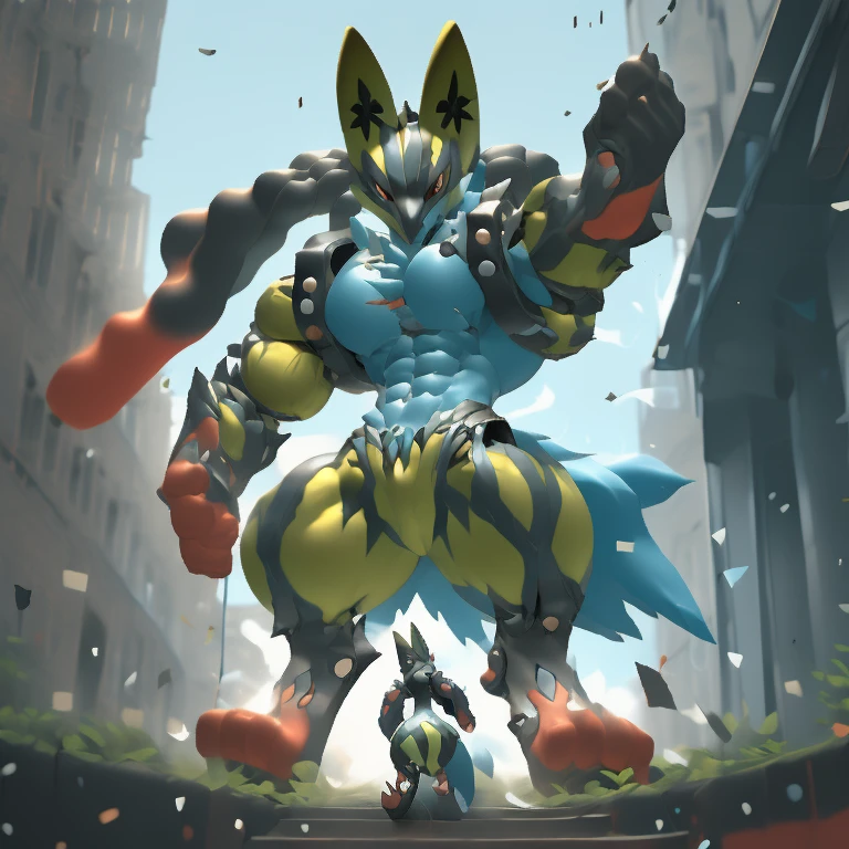 (masterpiece. official art. 8k. best quality. detailed full body. full body.)

(situation 1 : dominating mega lucario. focus GIANT mechanical Muscular mega lucario is trampling the CITY. macro. stomp. Low-angle perspective. emphasizing the immense size. The perspective is from below, emphasizing the sheer majesty and power of the Giant. giant art. He is much bigger than a skyscraper. Giga Giants. micro soccer field. looking down.)

(situation 2 :smoke and flames rising from the destruction in the city)

(Additional details 1: wearing a full-face helmet. high-tech bio-mecha armor. real texture material. whole body shines like metal. Wearing cyberpunk mecha. emphasizes the muscles. suit fully made of metal. intricate armor. Robotic suit. suit fully made of metal. cyborg. Powered exoskeleton with the same design as mega lucario).

(Additional details 2: (Detailed head. Detailed Body. Detailed abs. gigantic muscles. HYPER MUSCLES. Gigachad Muscular. big muscle. pecs. triceps. traps. unusually developed muscular body. body full of huge muscles. showing off muscles. pectorales enormes. Exaggeratedly huge muscles. huge muscles. long legs.).