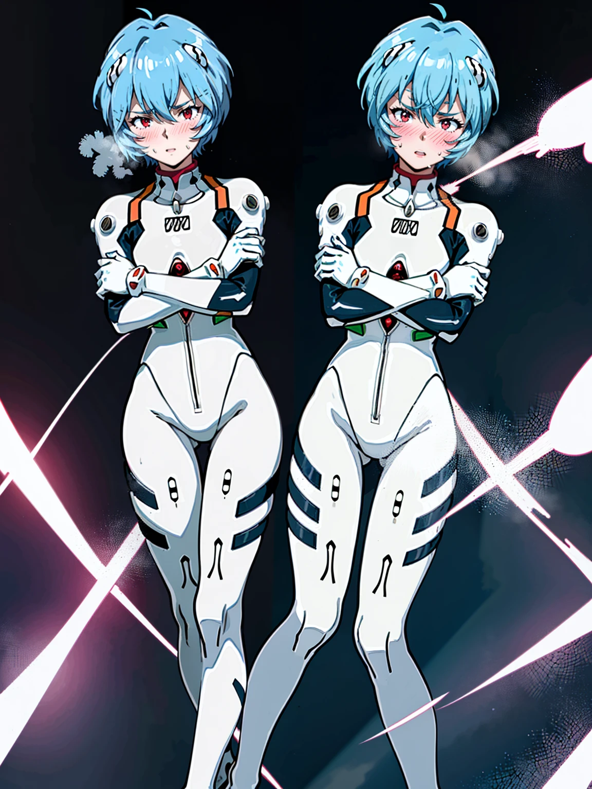 ((Highest quality, 8k wallpaper)),(masterpiece, Highest quality),Very detailed,High resolution,(Official Art:1.3),(((Anime screenshots,Black outline))),One girl,alone, Break mer1,(Rei Ayanami {Neon Genesis Evangelion,}1.2),masterpiece, best quality, outdoor, 1girl, Solo,red eyes,short hair,blue hair, (White plug suit:1.4), skin tight,(backlight, shaded face, cross-eyed, rolling eyes, empty eyes, jitome, raised eyebrows, one eye closed:1.3),(((Covered in sweat, Mass sweat, Sweating profusely,steam:1.7))), (((fighting stance, knees together feet apart, leaning forward, holding own arm, bent legs:1.8))), (Dirty Costume with mud,gym storeroom:1.5),(((electricity over body, electricity:1.4))),(((独奏, cowboy shot:1.3))), 