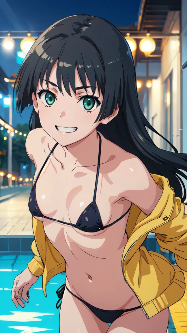 Micro Bikini,Parker jacket, (High resolution:1.4), (masutepiece:1.2), (High quality:1.3) 1girl, saten ruiko, green eyes, long hair, black hair, small breast, cinematic lighting, pov, grin, dynamic angle, party pool,
