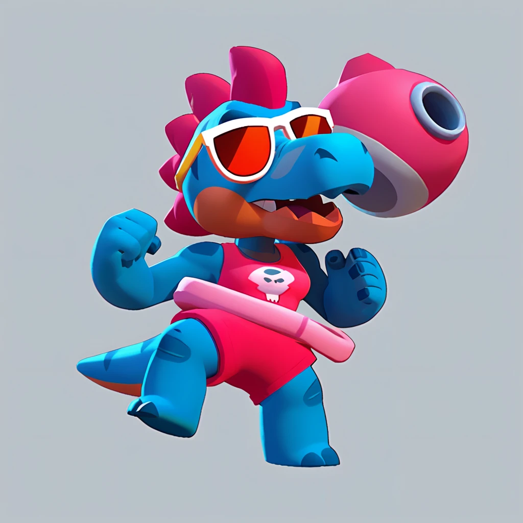 full body view of a dinosaur(T-REX), dark blue skin, female, dressed in a red swimsuit and sunglasses, with a pink and white buoy, dinosaur animal, fight, brawl stars