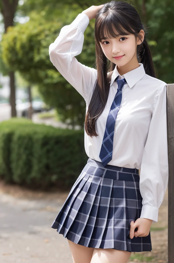 White blouse,Dark blue plaid pleated skirt,tie,,high school girl,Black Hair,bangs,Straight hair,ponytail,Dark Eyes,Small face,Young Face,Clean your eyes,Small Mouth,Showing teeth,thin,Young Face,,Flat Chest,Flat Chest,Flat Chest,Flat Chest,Forest Park,Realistic photos,8K,smile,White teeth,Ultra HD,Standing posture,whole body,Flip-up skirt,Panty shot,Upskirt,White panties,Embarrassing,Fully visible,pants,pants,