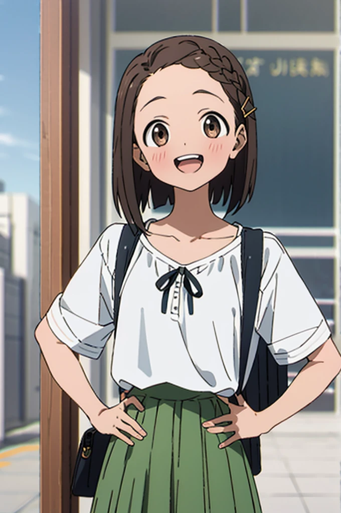 masterpiece, highres, 1girl, short hair, TokoUsagiharaR4, brown hair, brown eyes,:d, backpack, bag, blurry, blurry background, blurry foreground, blush, braid, brown eyes, brown hair, building, collarbone, depth of field, forehead, green skirt, hair ornament, hairclip, hand on hip, handbag, looking at viewer, open mouth, outdoors, photo background, pleated skirt, shirt, short sleeves, shoulder bag, skirt, smile, solo, teeth, white shirt